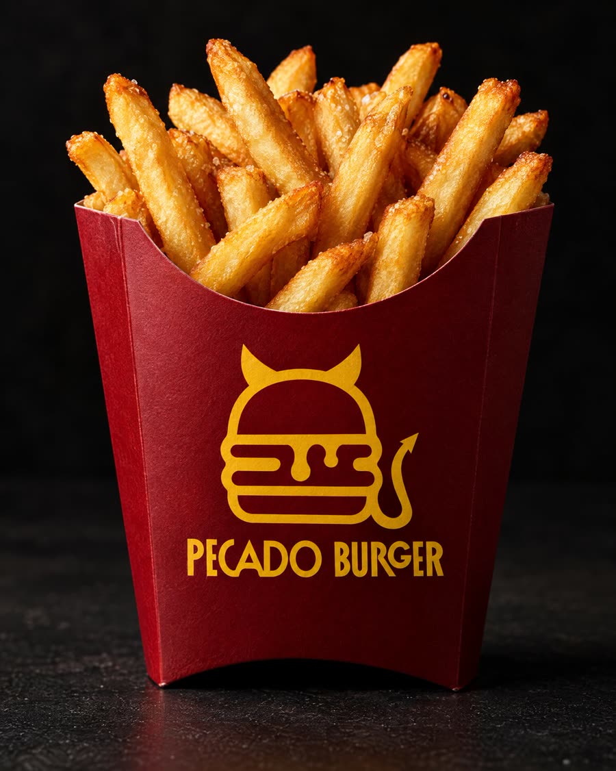 Caja de papas roja con el logo